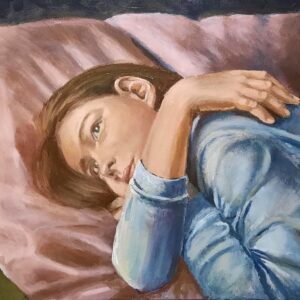 Esztike TV-t néz, 40x50 cm akril, vászon festmény